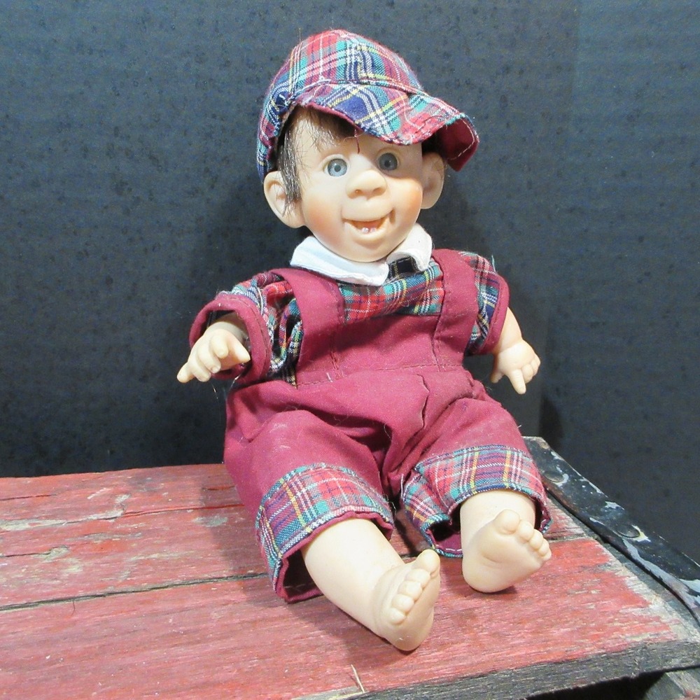VTG GIGO My Pals Little Boy Doll Plaid Cap Overalls Smiling Blue Eyes 10.5" Tall
